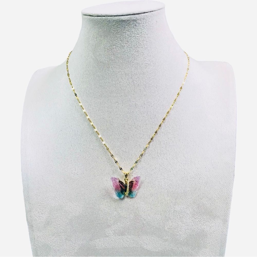 Butterfly Pink Green Gold Plated Necklace - Picture 12 of 13